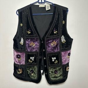 Vintage White Stag Black Velvet Vest with Purple Embroidery